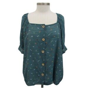 LC Lauren Conrad Plus Size 3X Teal Blue Floral Print Puff Sleeve Blouse Cottage